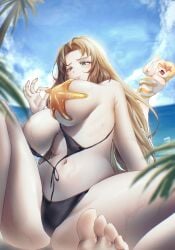 2girls beach big_breasts bikini blonde_hair blue_eyes blush brown_hair cleavage don_quixote_(limbus_company) female limbus_company long_hair micro_bikini one_piece_swimsuit panties project_moon rodion_(limbus_company) seaside starfish