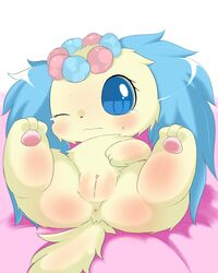 1girls anus big_eyes blue_eyes blush canine carm clitoris cute female female_only feral jewelpet jewelpet_(species) lelgs_up looking_at_viewer mammal on_back one_eye_closed pussy sapphie_(jewelpet) solo spread_legs spreading white_background