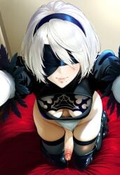 1futa ai_generated beauty_mark bedroom black_dress blindfolded dickgirl erect_penis erection futa_only futa_sans_pussy futanari gerumusi hairband huge_cock indoors kneeling light_smile nier nier:_automata nier_(series) on_bed precum reaching_towards_viewer short_hair testicles thigh_boots white_hair white_leotard yorha_2b