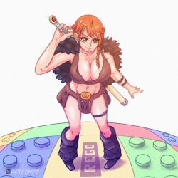 1:1_aspect_ratio artsens8 boots braid breasts brown_eyes cleavage closed_mouth clothing female female_only footwear high_resolution holding holding_object holding_sword holding_weapon large_breasts leaning_forward long_hair looking_at_viewer midriff nami nami_(one_piece) navel one_piece orange_hair post-timeskip smile solo standing sword thigh_strap tied_hair weapon