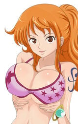 1girls bare_shoulders blush bra breast_press breasts brown_eyes busty cleavage erect_nipples female female_only juudai large_breasts log_pose long_hair looking_at_viewer nami nipples one_piece open_mouth orange_hair ponytail smile solo tattoo tied_hair upper_body voluptuous white_background