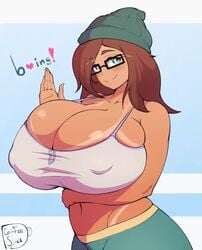 1girls animated arm_under_breasts bare_shoulders barely_contained beanie belly belly_button big_breasts blue_eyes bouncing_breasts breasts breasts_bigger_than_head cleavage coffeeslice english_text female female_only gigantic_breasts glasses hips human human_only humanoid looking_at_viewer midriff navel no_sound original original_character solo tanline tanlines text thick thick_thighs thighs top_heavy video watermark wide_hips