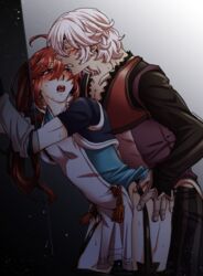 2boys against_wall anal blush clothed_sex fire_emblem fire_emblem_fates male_only multiple_boys niles_(fire_emblem) open_mouth red_hair sex silver_hair subaki_(fire_emblem) yaoi