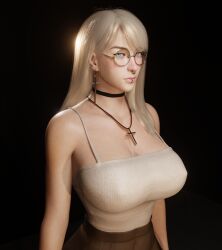 1girls 3d black_choker blender blender_eevee blonde_hair blue_eyes choker cross_earrings cross_necklace glasses grace_(osimai) huge_breasts lip_piercing looking_at_viewer nose_piercing nose_ring original_character osimai pleated_skirt skirt tank_top