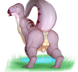 1boy anthro anus ass backsack balls barefoot bent_over digitigrade dinosaur dripping erection humanoid_penis iguanodon male male_only nude penis perineum pinup pose precum presenting presenting_hindquarters raised_tail rear_view seyrmo signature solo tongue tongue_out uncut