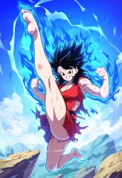 1girls ai_generated armor ass aura bare_legs barefoot black_hair body_armor breasts cleavage dragon_ball dragon_ball_z evil_grin evil_smile female female_saiyan fighting flying full_body grin kicking legs medium_breasts medium_hair muscles muscular muscular_female original original_character saiyan saiyan_armor saiyan_girl scratches shiny_skin skin_tight skin_tight_suit thighs torn_clothes torn_clothing yeyehuh