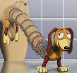 balls bodily_fluids canid canine canis cum cum_inside disney domestic_dog duo erection feral floppy_ears genital_fluids genitals human humor living_toy male male/male mammal penis pheblaze pixar slinky slinky_dog_(toy_story) toy toy_story