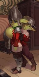 2girls absurd_res big_breasts blue_eyes closed_eyes cranihum fantasy female female_only goblin goblin_female green_skin helmet pointy_ears shortstack tani_(cranihum) torn_clothes wardrobe_malfunction