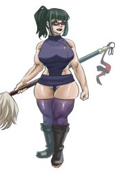 glasses green_hair incinerated_art jujutsu_kaisen ponytail skirt stockings thighhighs tight_clothing weapon zenin_maki