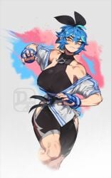 1girls blue_hair dif_(difman) difman fit_female manon_legrand_(cosplay) muscular_female no_sex orange_eyes ribbon_in_hair short_hair street_fighter tagme