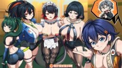 1boy 5girls belle_(zenless_zone_zero) ellen_joe female_focus half-dressed harem hoyoverse jane_doe_(zenless_zone_zero) looking_at_viewer mihoyo multiple_girls qingyi_(zenless_zone_zero) reit small_clothes wallpaper watermark wise_(zenless_zone_zero) zenless_zone_zero zhu_yuan