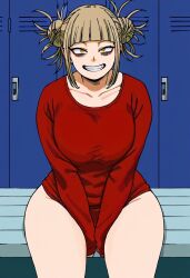 ai_generated himiko_toga hips huge_breasts leaning_forward loose_clothes my_hero_academia pawg sitting t-shirt thick_thighs toga_himiko