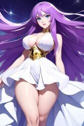 1girls ai_generated athena_(saint_seiya) big_ass big_breasts big_butt breasts breasts_focus deity dress eyebrows eyelashes fat_breasts female female_focus female_only goddess hips legs legs_together light-skinned_female light_skin long_hair purple_hair saint_seiya saori_kido shounen_jump solo solo_female solo_focus thick_thighs thighs very_long_hair voluptuous_female white_dress wide_hips