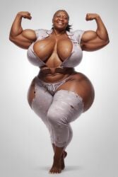 ai_generated big_biceps big_breasts cleavage dark-skinned_female flexing flexing_bicep huge_breasts hyper_breasts large_breasts muscle_mommy muscular muscular_female overflowing_breasts realistic ripped_clothing solo_elderly_female thick_thighs tight_clothing