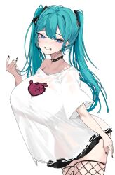 1girls alternate_version_available big_breasts black_nails blue_eyes blue_hair color ear_piercing female female_focus female_only full_color fully_clothed gurami hair_ornament hatsune_miku heart-shaped_pupils light_skin looking_at_viewer nail_polish piercing sad_girl_sex_(deco*27/caststation) sad_girl_sex_(vocaloid) smile thick_thighs twintails vocaloid white_background