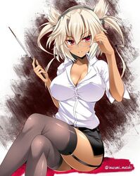 beltskirt black_skirt blonde_hair breasts crossed_legs female inuzumi_masaki looking_at_viewer pointy_chin red_eyes skirt tagme teacher