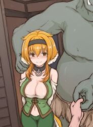 cheating dog_ears epm female gray_skin interspecies isekai_meikyuu_de_harem_wo light-skinned_female light_skin male male/female netorare ntr orc orc_male roxanne_(isekai_meikyuu_de_harem_wo) size_difference