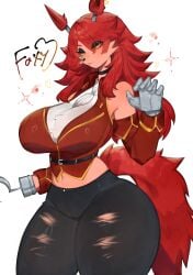 1girls animatronic anthro big_breasts black_eyeshadow canid canine choker female female_only five_nights_at_freddy's fox foxy_(fnaf) hi_res long_hair looking_at_viewer narrowed_eyes red_fox red_hair solo tail text thick_thighs toge77789 togetoge unamused white_background yellow_eyes