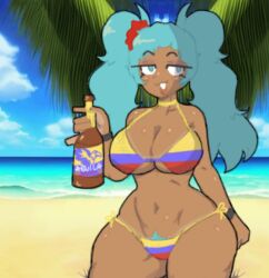 1girls 2024 2d aguila_(alcohol) alcohol beach beer belly belly_button big_breasts bikini blue_eyes blue_hair bra breasts colombian colombian_female colombian_flag colombian_flag_bikini colombian_miku deveneleven elbow female hatsune_miku latin_american_hatsune_miku_(meme) panties shaded smug solo tan_body vocaloid