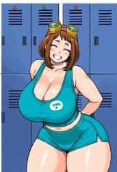 1girls ai_generated alternate_costume arms_behind_back brown_hair cleavage closed_eyes curvy facing_viewer female_only goggles_on_head hi_res hotpants hourglass_figure huge_breasts light-skinned_female locker_room my_hero_academia ochako_uraraka pawg posing smile solo swaying_hips tanktop thick_thighs thigh_gap wide_hips