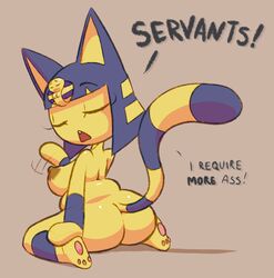 alternate_breast_size animal_crossing ankha anthro ass big_breasts big_butt breasts busty_feral closed_eyes dialogue english_text feline female headdress mammal nintendo nipples nude pawpads reptile scalie shortstack slightly_chubby snake solo teckworks text video_games