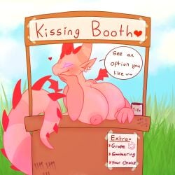 alitatoe anthro boobs_out breasts brim_the_dragon clothing_too_small dragon dragon_furry furry furry_female growth kissing_booth large_breasts larger_female non-mammal_breasts pink_body thick thick_thighs tits_out