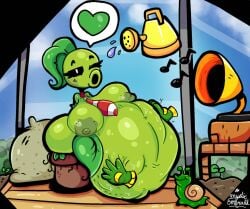 belly belly_bulge belly_rub female female_pred flora_fauna green_body green_skin greenhouse heart_symbol mysticemerald_(artist) nitrobutter peashooter_(pvz) plant plant_girl plant_humanoid plantie plants_vs._zombies plants_vs_zombies rubbing rubbing_belly smug_face tagme vore vore_belly wink winking winking_at_viewer