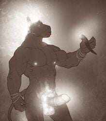 1boy 2016 5_fingers abs anthro balls biceps bracelet broken_horn equine erection fire forge_(artist) hi_res horn jewelry male male_only mammal medial_ring monochrome muscular muscular_male nipples nude pecs penis retracted_foreskin simple_background solo standing story_at_source tail_ring uncut unicorn