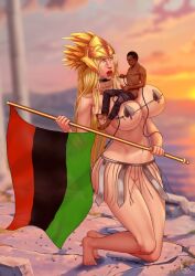 big_breasts blonde_hair bondage enslaved_royal femsub freyja goddess interracial norse_mythology pan-african_flag peeing piss_drinking pupete slave small_dom_big_sub smaller_male urine