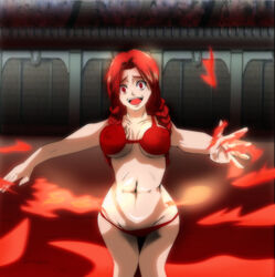 1girls abs bikini braids breasts colosseum erect_nipples fairy_tail female female_only flare_corona large_breasts long_hair looking_at_viewer nipples open_mouth red_bikini red_hair scar shiny_skin solo stomach tattoo thigh_highs tied_hair twintails