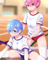 blue_eyes blue_hair pink_eyes pink_hair ram_(re:zero) re:zero_kara_hajimeru_isekai_seikatsu rem_(re:zero) sports_uniform twins