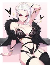 1girls absurd_res astaroth_(orouu) big_breasts black_clothes black_clothing black_legwear blush blushing_at_viewer breasts cleavage female female_focus female_only hi_res highres hourglass_figure huge_breasts large_breasts light-skinned_female light_skin looking_at_viewer orouu revealing_clothes short_hair slim_waist solo solo_female solo_focus thick_thighs thighs wide_hips