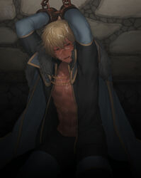 1boy abs blonde_hair blue_eyes chains cum cum_on_body facial fate/grand_order fate_(series) gawain_(fate) humiliation looking_away male_only muscle restrained solo yaoi