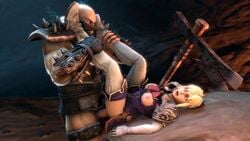 1boy 1girls 3d animated astaroth astaroth_(soul_calibur) axe blonde_hair blue_eyes boots breasts cassandra_alexandra cum cum_in_pussy darsovin female gauntlets gloves hairbow large_penis legs_up male mask missionary_position nipples no_sound pauldrons penis smile soul_calibur spikes straight thighhighs torn_clothes vaginal_penetration video