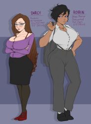 1female 2girls black_hair bluebl8d brown_hair clothed clothing darcy_(bluebl8d) dark-skinned_female dark_skin female female_only fully_clothed green_eyes human large_breasts light-skinned_futanari light_skin mother muscular_female purple_eyes robin_(bluebl8d) standing taller_female taller_girl