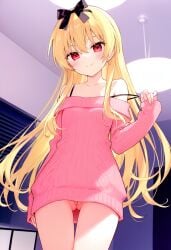 1girls ai_generated arifureta_shokugyou_de_sekai_saikyou blonde_hair clothede dress_shirt hair_ribbon long_hair pussy red_eyes ribbon small_breasts solo standing yue_(arifureta)