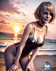 ai ai_generated ashley_graham beach blonde_hairlooking_at_viewer blue_eyes breasts choker cleavage cloud female leaning_forward lips medium_breasts ocean one-piece_swimsuit outdoors patreon patreon_username pony_diffusion_xl realistic resident_evil resident_evil_4_remake rule34_diffusion(artist) short_hair sky solo stable_diffusion sun sunset swimsuit video_game video_game_character video_game_franchise video_games water watermark