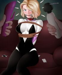 1girls blonde_female blonde_hair blue_eyes bondage bound collar deltathelion female gwen_stacy looking_at_viewer marvel marvel_comics solo_focus spider-gwen spider-man:_across_the_spider-verse spider-man:_into_the_spider-verse spider-man_(series) submissive submissive_female thighs