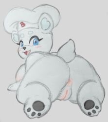 all_fours anthro anus ass bear big_butt bimbo_(bakery) bimbo_bear blue_eyes blush chef_hat clothing female genitals grupo_bimbo hat headgear headwear mammal pawpads polar_bear pussy short_stack silvershield88 solo ursine white_body