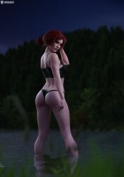 3d ass bathing breasts bubble_butt female lake light-skinned_female lingerie looking_at_viewer missally red_hair solo the_witcher_(series) the_witcher_3:_wild_hunt triss_merigold underwear