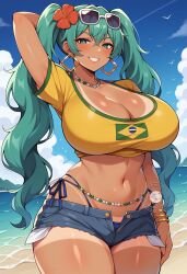 1girls ai_generated ass big_ass big_breasts big_thighs brazil brazilian brazilian_female brazilian_miku breasts cyan_eyes cyan_hair diamond_earrings earrings female female_only flower flower_in_hair flower_on_head hatsune_miku huge_ass huge_breasts huge_thighs lokokabooster69 long_hair looking_at_viewer necklace shirt shorts solo sunglasses_on_head tagme tan tan_body tanned teal_hair thick_hips thick_thighs thighs thong turquoise_hair twintails vocaloid yellow_shirt