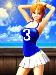 1girls 3d @oz armpits blouse breasts brown_eyes brown_hair cleavage clothing cloud erect_nipples erect_nipples_under_clothes female female_only incise_soul large_breasts legs looking_at_viewer m-rs miniskirt nami one_piece orange_hair shiny_skin shirt short_hair sky sleeveless_shirt smile solo sun water