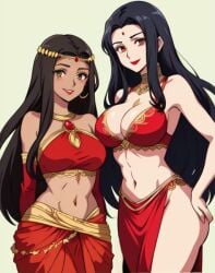 2girls ai_generated big_breasts bindi black_hair cleavage dark-skinned_female dark_skin female female_only green_eyes hourglass_figure indian indian_clothes indian_female light-skinned_female light_skin long_hair navel red_clothing red_eyes red_lipstick saree sari simple_background slim_waist smile smiling_at_viewer wide_hips