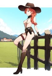 1girls ai_generated ass bare_arms bare_back bare_legs bare_shoulders boots braid braided_hair breasts cleavage clothed clothing cow_girl cowboy_hat farm farmgirl female fence full_body gun heel_boots heels legs long_hair looking_at_viewer looking_back medium_breasts nipple_bulge nipples nipples_covered nipples_visible_through_clothing original original_character red_hair revolver shiny_skin sideboob skinny smile smiling thighs western wild_west yeyehuh