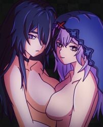 2girls acheron_(honkai:_star_rail) artist_signature black_hair black_swan_(honkai:_star_rail) boobs_pressed choker female_focus female_only girls_only hair_over_one_eye honkai:_star_rail hoyoverse nude nude_female purple_hair smiling taller_girl twitter_link two_tone_hair yellow_eyes