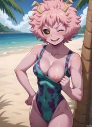 ai_generated antennae ashido_mina beach black_sclera blush breasts breasts_out cameltoe cleavage colored_sclera colored_skin female female female_focus flashing flashing_breasts futality girl huge_nipples looking_at_viewer medium_breasts mina_ashido my_hero_academia one_piece_swimsuit open_mouth outdoors palm_tree pink_hair pink_skin sand smile solo standing swimsuit teasing teasing_viewer under_tree water wink yellow_eyes