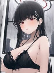 1girls amiamie bare_arms bare_chest bare_midriff bare_shoulders bare_skin black_bra black_hair black_hair_female black_halo black_underwear blue_archive blush blush_lines blushing_at_viewer blushing_female bra breasts cleavage collarbone dot_nose embarrassed embarrassed_female exposed exposed_arms exposed_midriff exposed_shoulders female female_focus female_only frilled_bra frilled_underwear hairpin halo high_resolution highres indoor indoor_nudity indoors large_breasts lean_body lean_figure light-skined_female light-skinned light-skinned_female light_skin light_skin_female light_skinned light_skinned_female long_hair looking_at_viewer open_mouth parted_lips red_eyes red_eyes_female red_halo ribbon_bra rio_(blue_archive) shoulders sideboob slender_body slender_waist slim_girl slim_waist solo standing thin_waist tongue underboob underwear upper_body white-skinned_female white_skin window