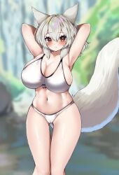 animal_ears armpit_crease armpits arms_behind_back arms_up bare_shoulders bikini blurry blurry_background blush breasts brown_eyes cleavage closed_mouth day depth_of_field female hair_between_eyes highres inubashiri_momiji large_breasts large_tail looking_at_viewer mountain_of_faith navel onomiya outdoors rainbow_gradient skindentation smile solo standing swimsuit tail thigh_gap toned_female touhou white_bikini white_hair white_tail wolf_ears wolf_girl wolf_tail