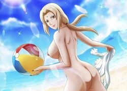 1girls ball bare_arms bare_legs bare_shoulders beach beach_ball belly blonde_hair breasts brown_eyes busty casual_nudity cleavage clothes_removed collarbone completely_nude completely_nude_female drink edit female female_only holding_clothing holding_object holding_shirt large_breasts looking_at_viewer mature mature_female midriff milf nail_polish naked naked_female naruto naruto_(series) naruto_shippuden navel nipples nude nude_edit nude_female nudity official_art outdoor_nudity pussy seaside shirt shirt_removed smile solo solo_female standing sunlight third-party_edit tsunade voluptuous