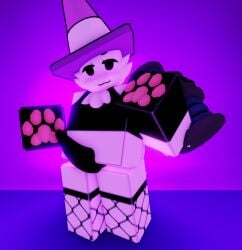 black_crop_top black_penis blocky_body cheek_tuft chest_tuft cone crop_top fishnets looking_at_viewer looking_down_at_viewer paws purple_background purple_light roblox robloxian rule_63 smiling solo solo_focus solo_male tagme tentacle_penis